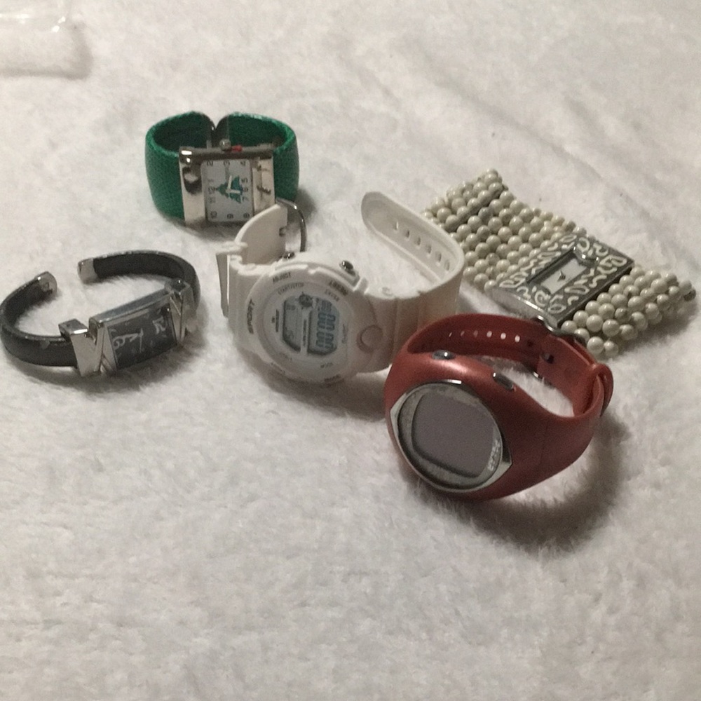 Woman’s fashion watches lot of five. White beaded bracelet,sports, pink Polar